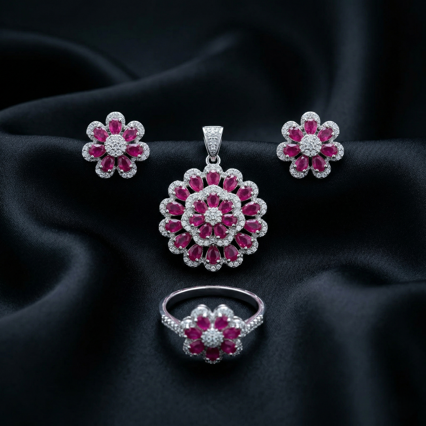 Sparkling Ruby Floral Silver Pendant Set