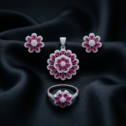 Sparkling Ruby Floral Silver Pendant Set