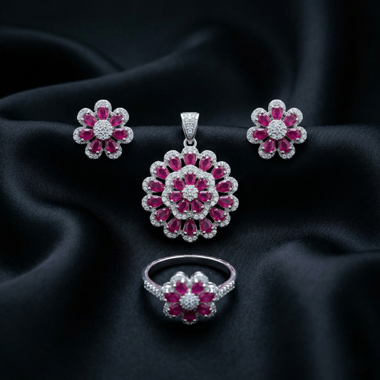 Sparkling Ruby Floral Silver Pendant Set