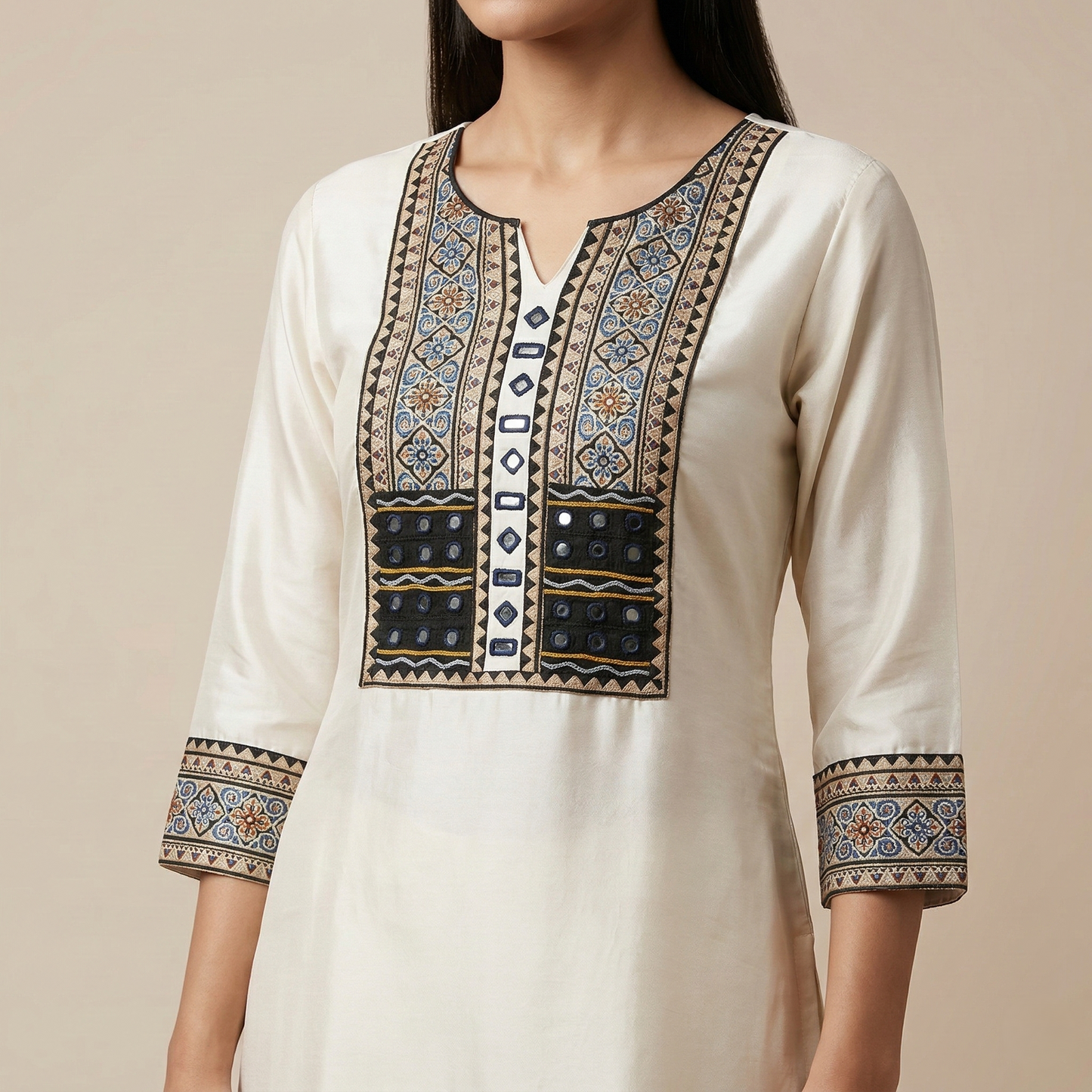 Ivory Silk Kurti with Tribal Embroidery