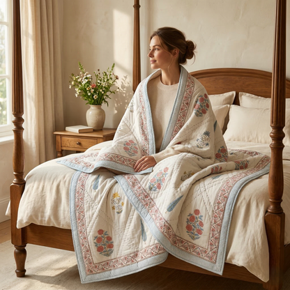 Hand Block Floral Diamond Quilt