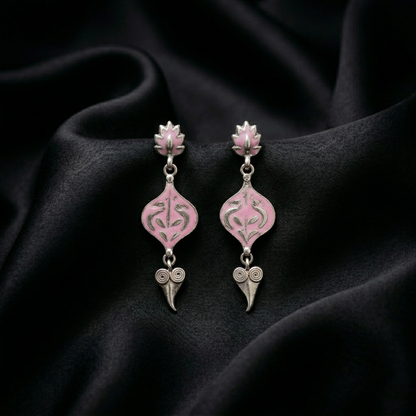 Exquisite Pink Enamel Silver Floral Drop