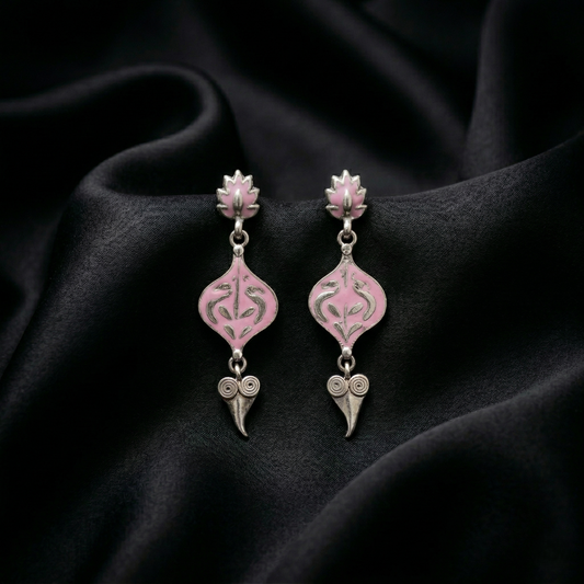 Exquisite Pink Enamel Silver Floral Drop