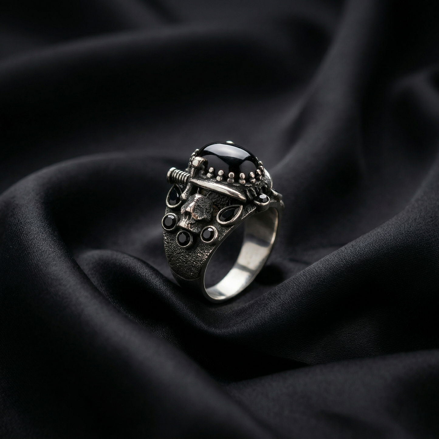 Silver Skull & Dagger Onyx Signet
