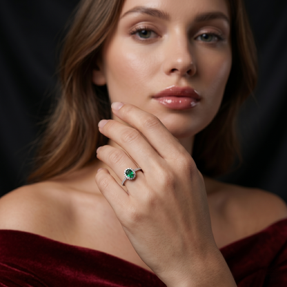 Oval Emerald Diamond Halo Gold Ring