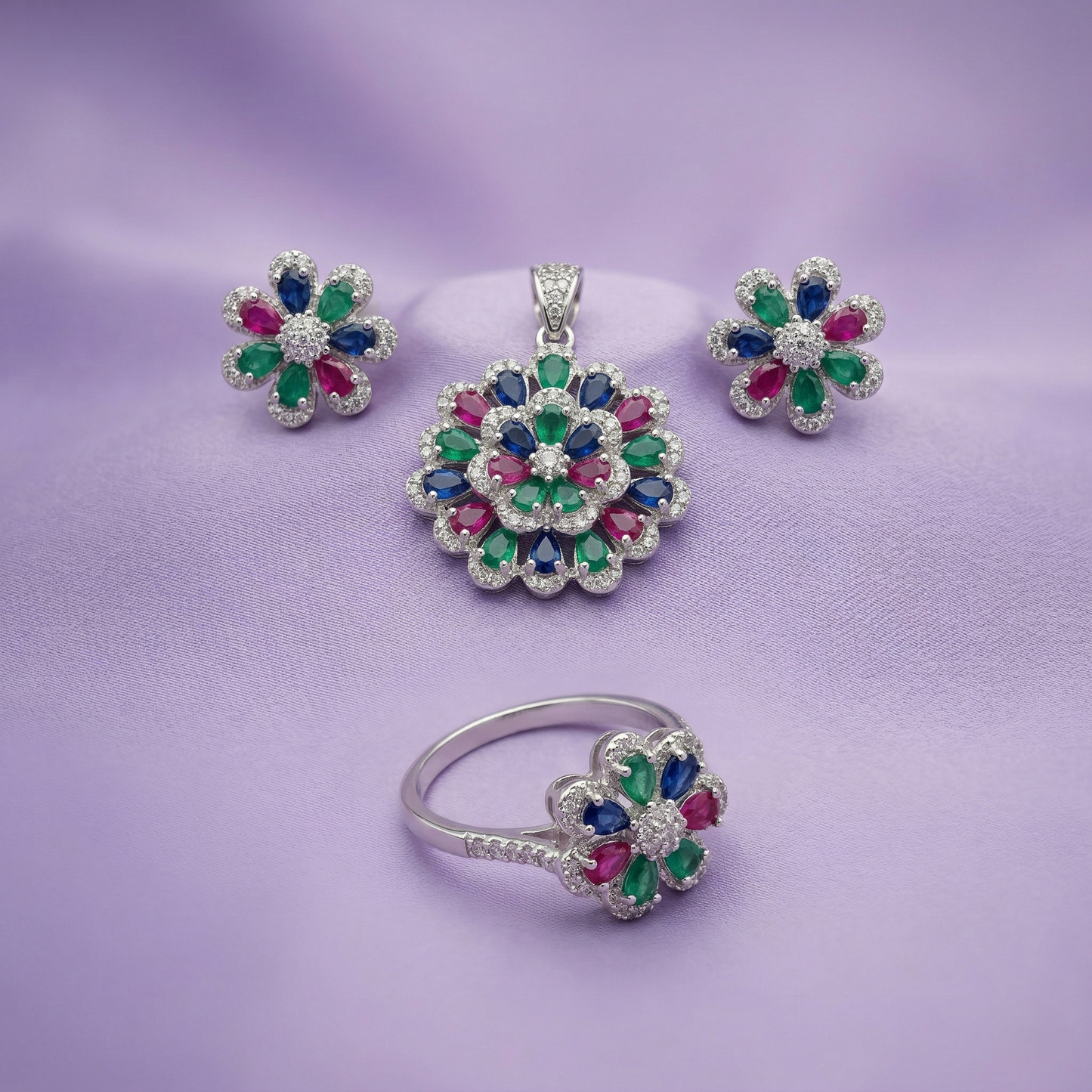 Radiant Multi-Gem Floral Silver Pendant Set