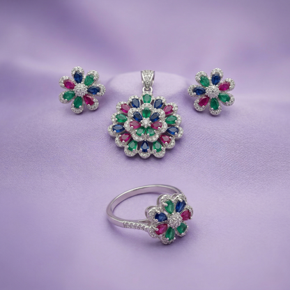 Radiant Multi-Gem Floral Silver Pendant Set