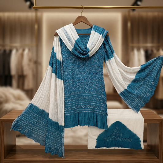 Azure Bloom Bandhani Unstitched Suit Set