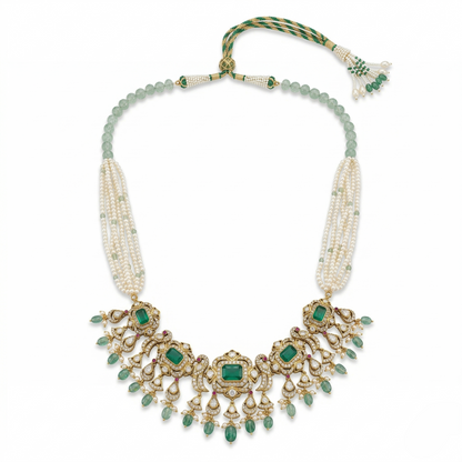 Ethereal Emerald Silver Pearl Heritage Necklace