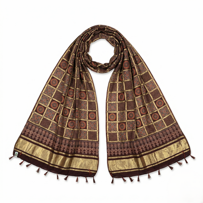 Maroon Silk Ajrakh Print Heritage Dupatta