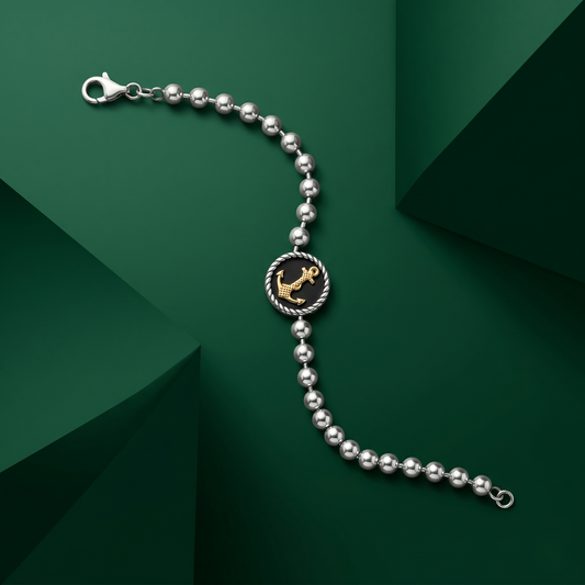 Nautical Silver Bead Golden Anchor Bracelet