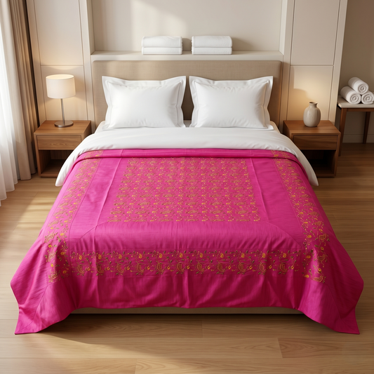 Royal Magenta Silk Hand-Embroidered Bedcover