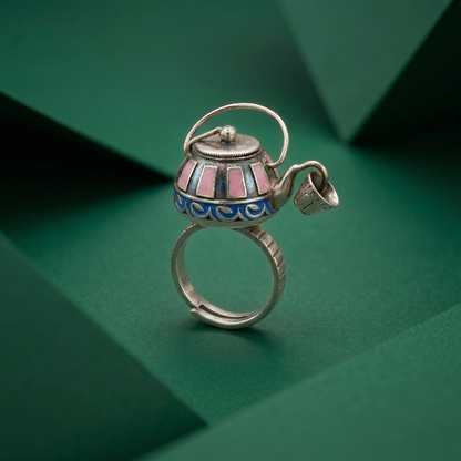 Enchanting Silver Teapot Enamel Charm Ring