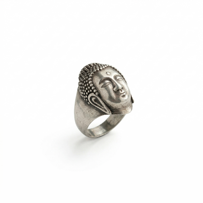 Serene Silver Buddha Head Statement Ring
