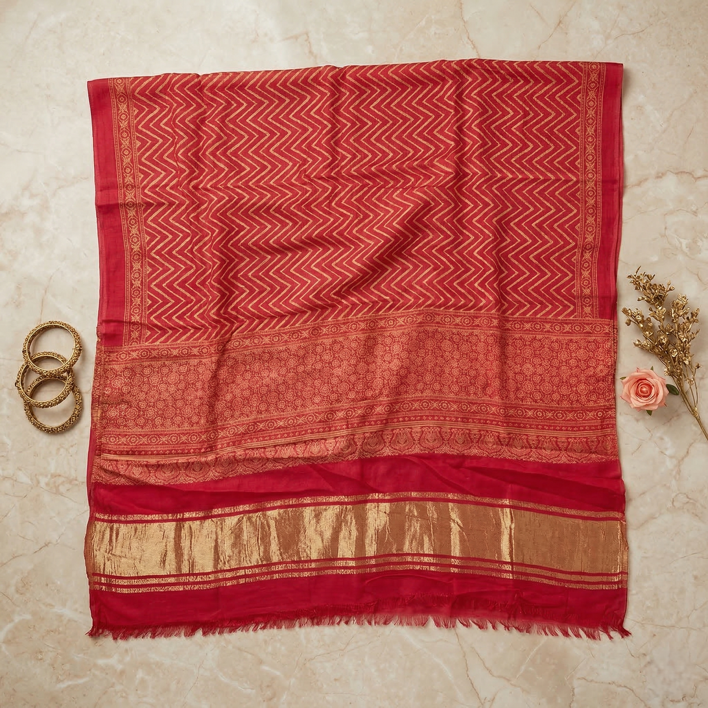 Pink Zigzag Leheriya Silk Blend Dupatta