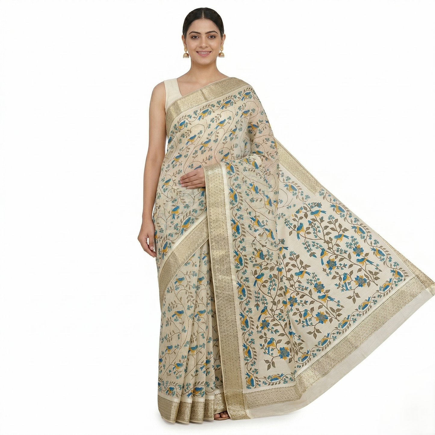 Floral Bird Motif Silver Zari Saree