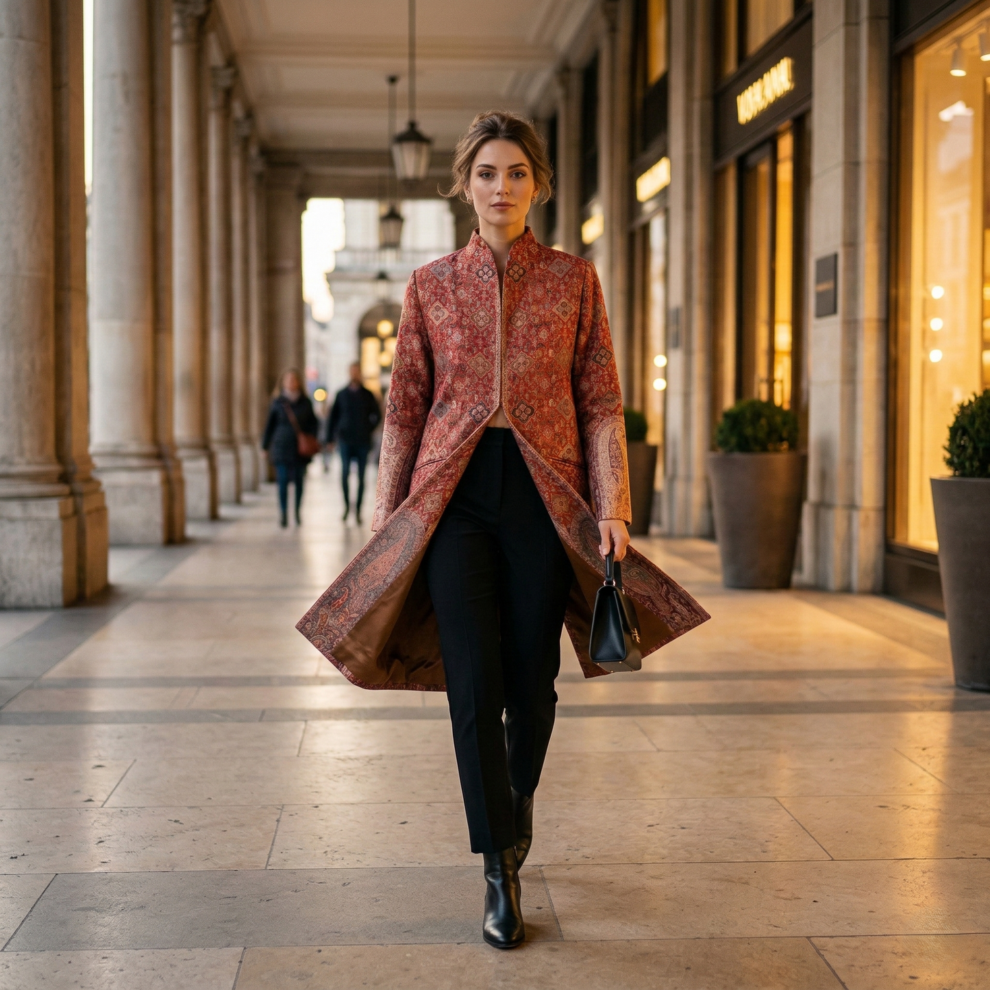 Ornate Crimson Tapestry Stand Collar Long Coat