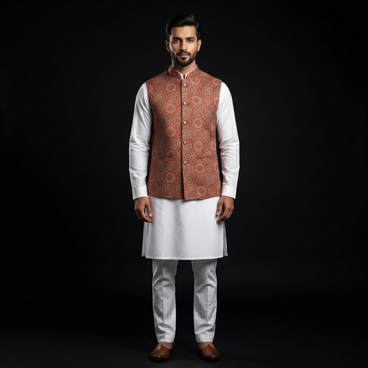Heritage Ajrakh Print Silk Nehru Jacket