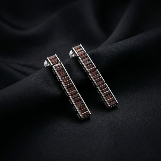 Elegant Crimson Glow Silver Bar Earrings