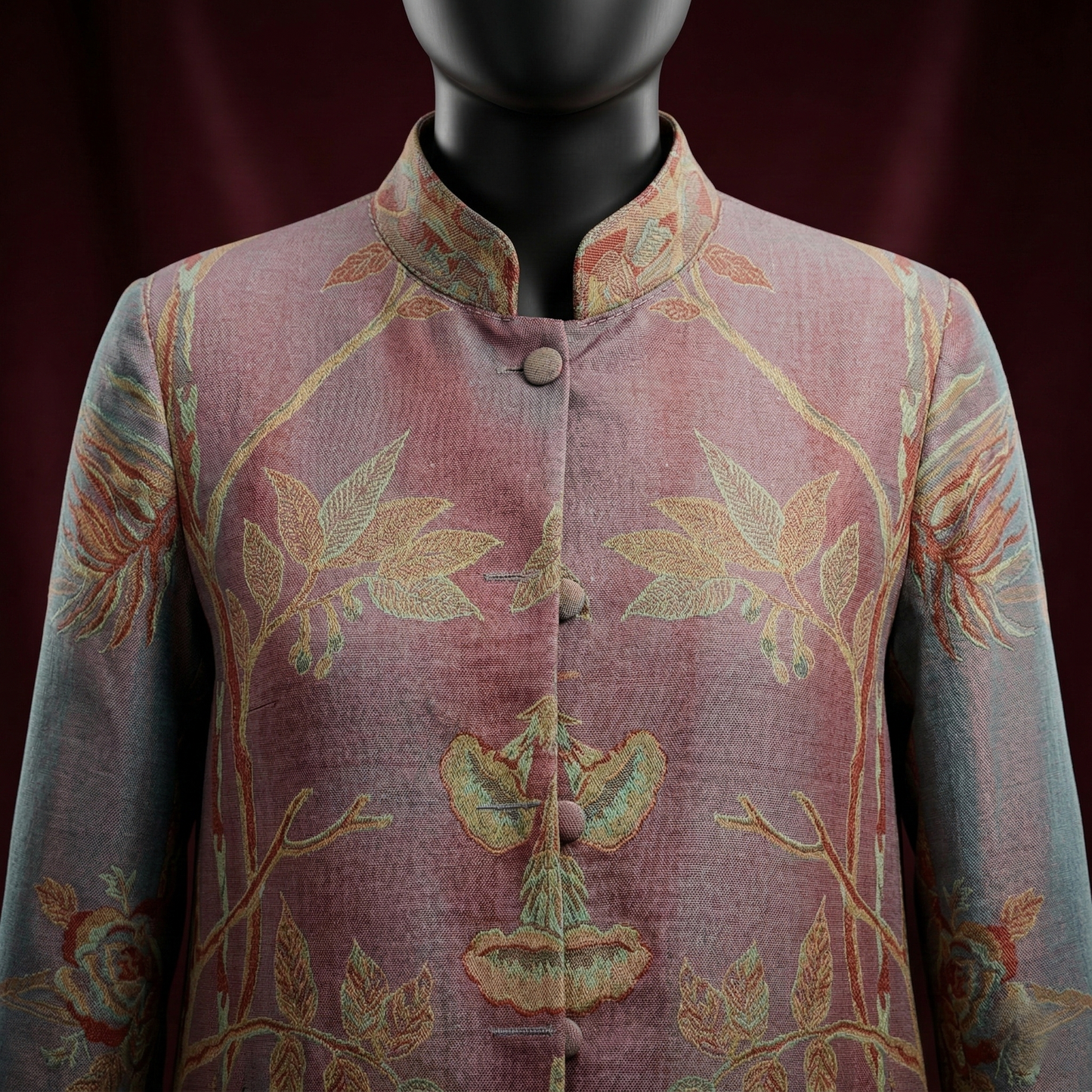 Ethereal Tapestry Silk Mandarin Collar Long Coat