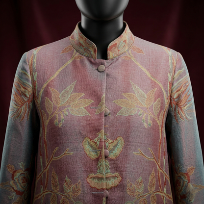 Ethereal Tapestry Silk Mandarin Collar Long Coat