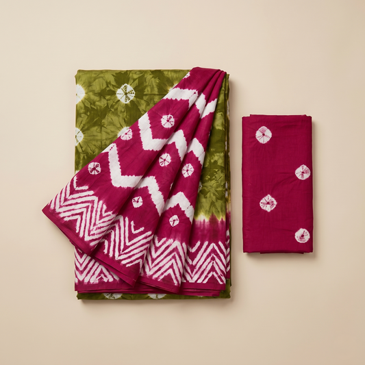 Elegant Olive and Magenta Bandhani Saree