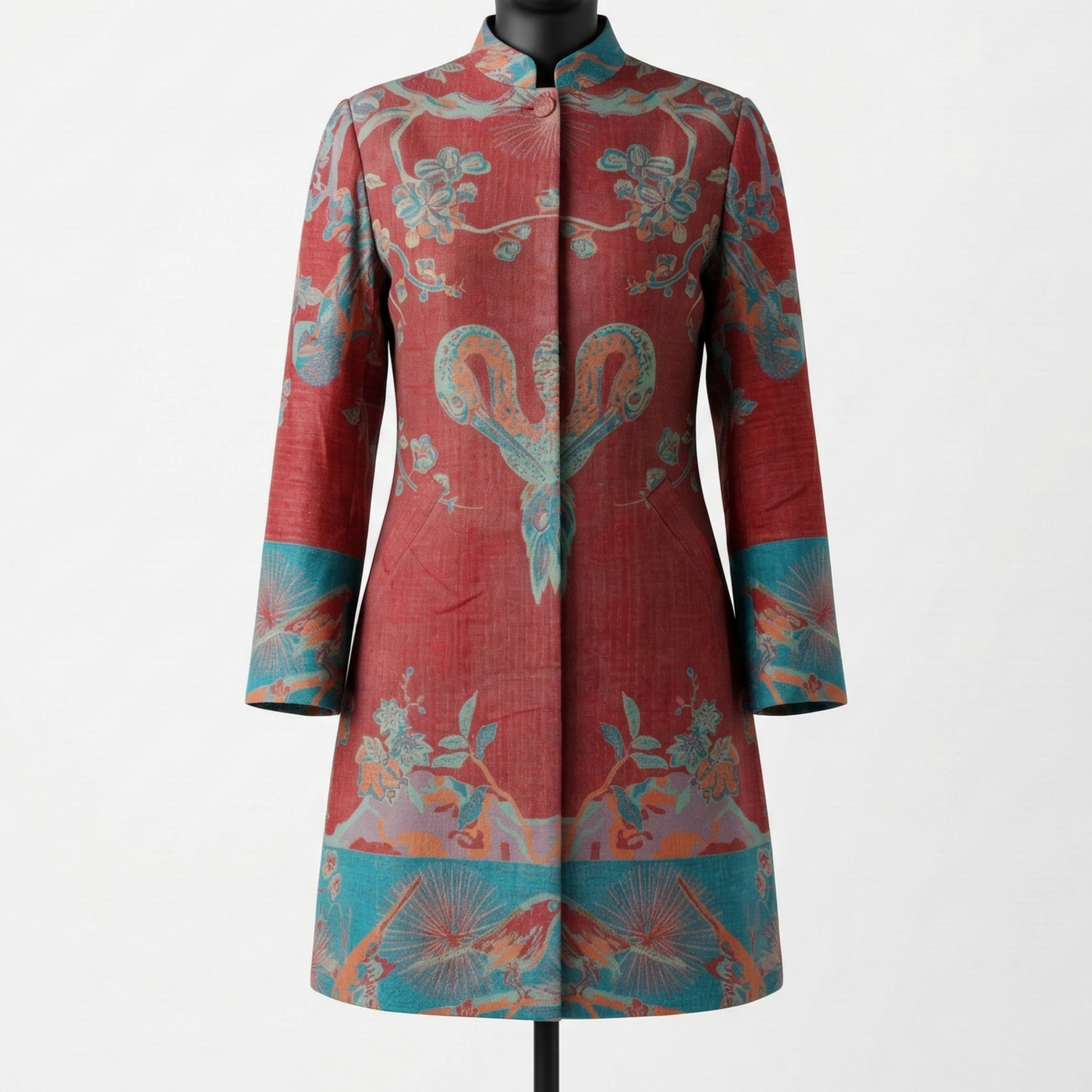 Ethereal Crimson Mandala Silk Mandarin Long Coat
