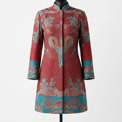 Ethereal Crimson Mandala Silk Mandarin Long Coat