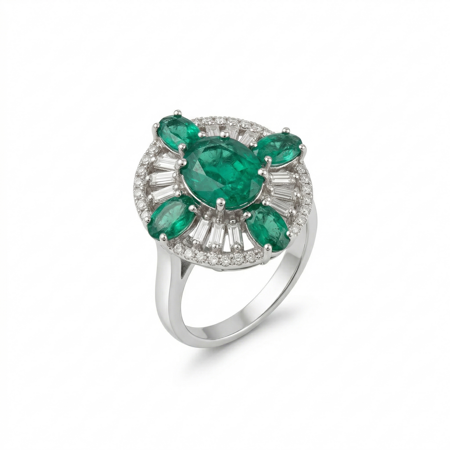 Silver Emerald Cluster Halo Statement Ring