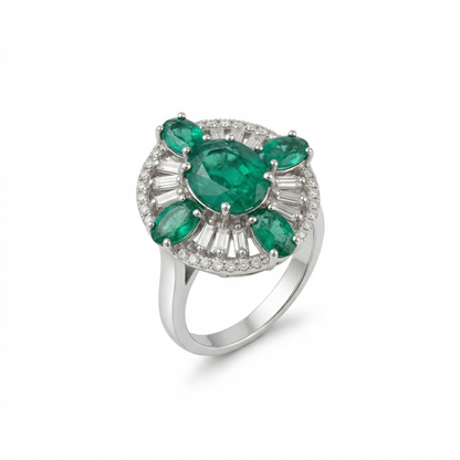 Silver Emerald Cluster Halo Statement Ring