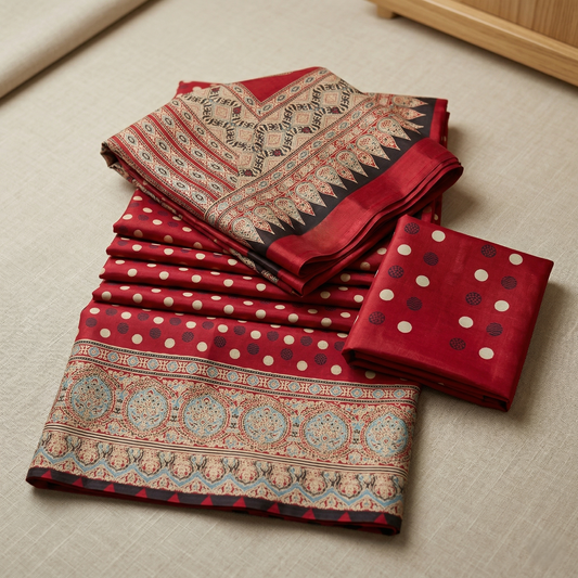 Crimson Timeless Hand Printed Heritage Saree