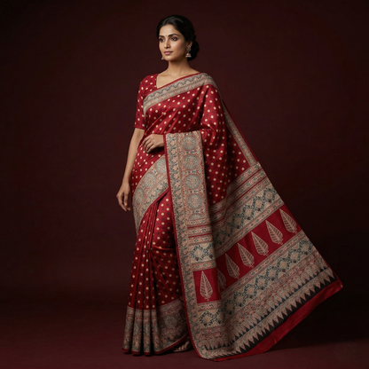 Crimson Timeless Hand Printed Heritage Saree