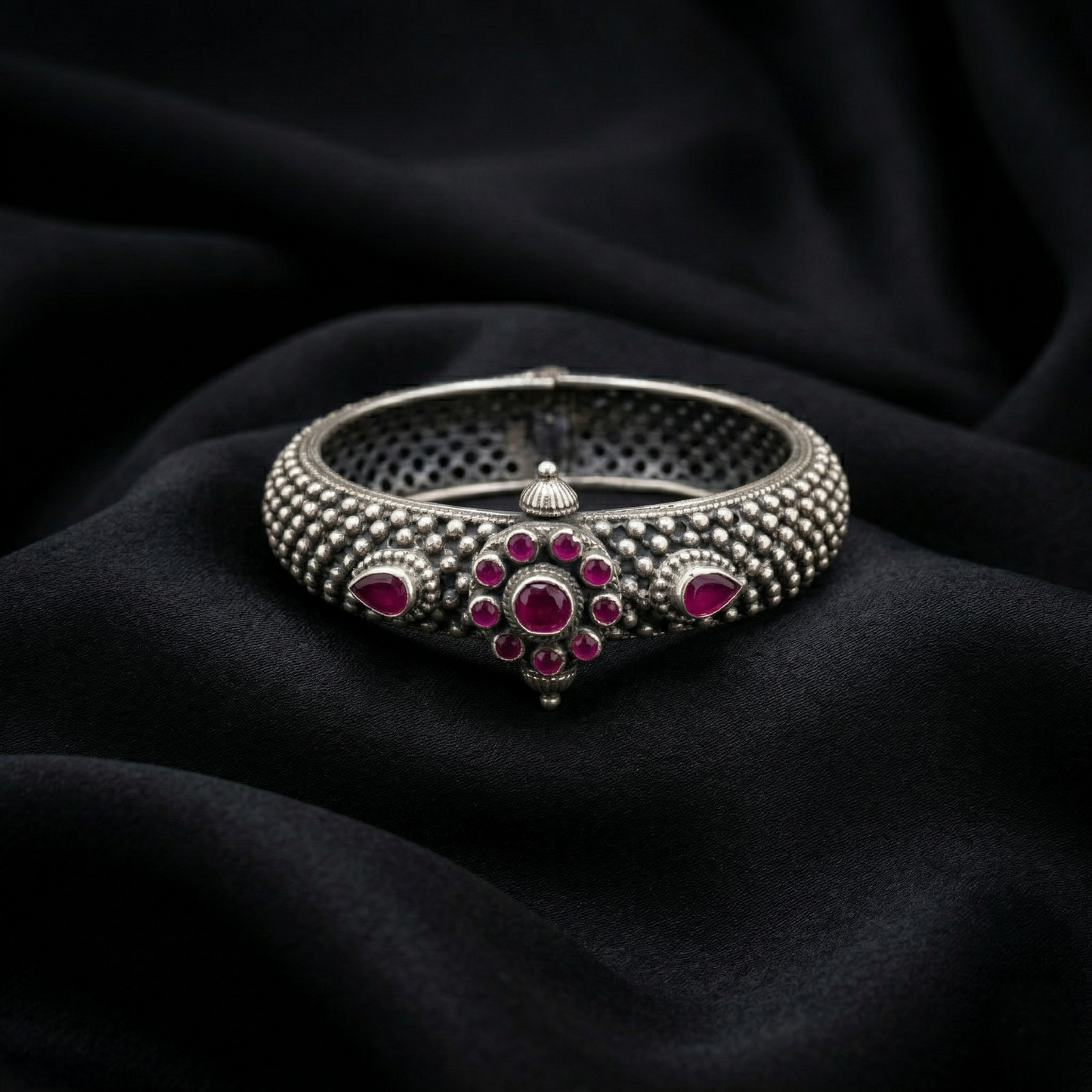 Antique Silver Floral Ruby Kada Bracelet