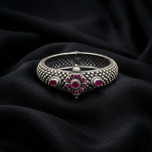 Antique Silver Floral Ruby Kada Bracelet