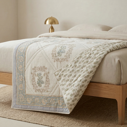 Elegant Sage Diamond Hand Block Quilt