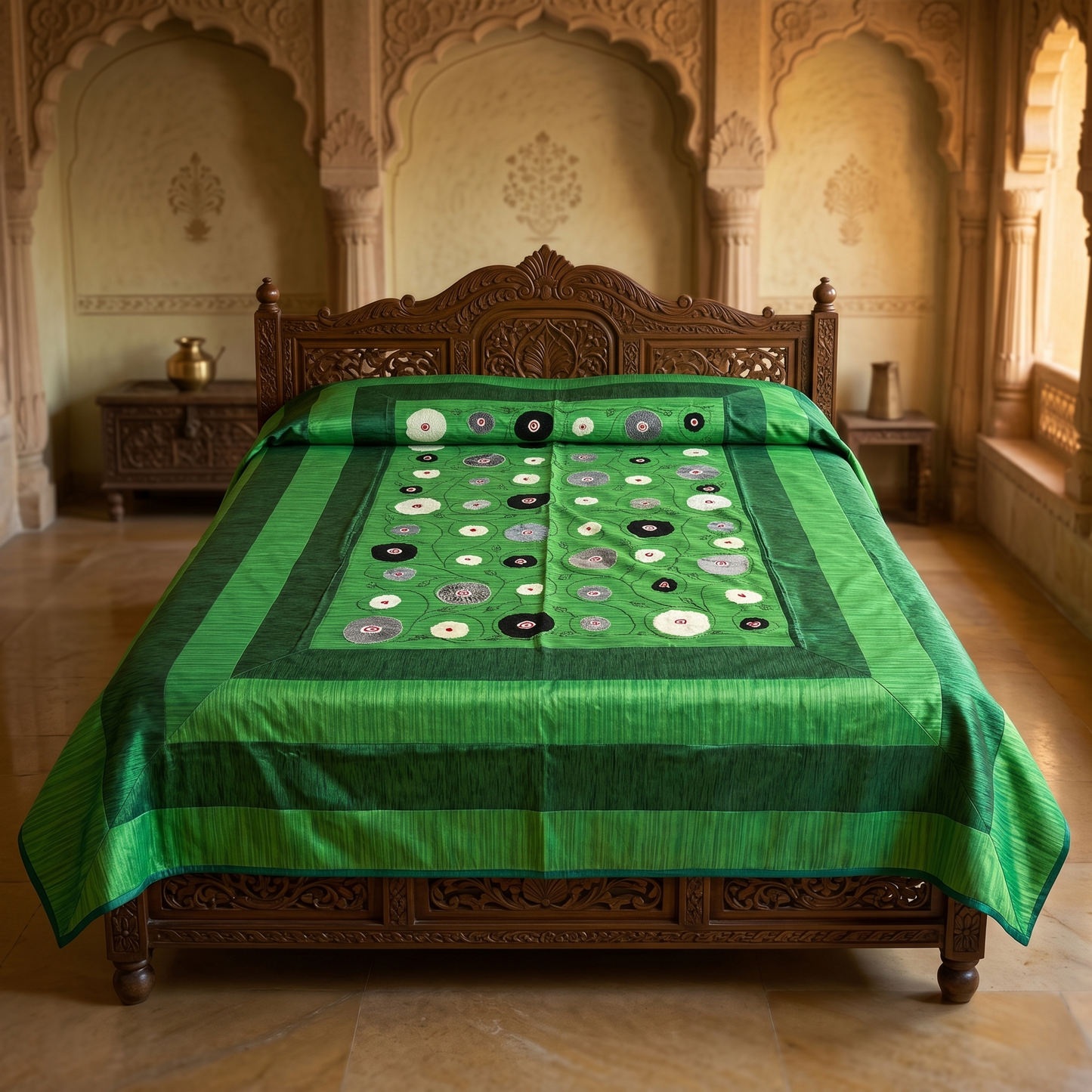 Emerald Green Geometric Handcrafted Silk Bedcover