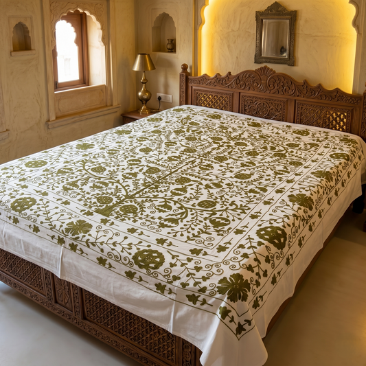 Handcrafted Olive Floral Luxury Cotton Bedcover