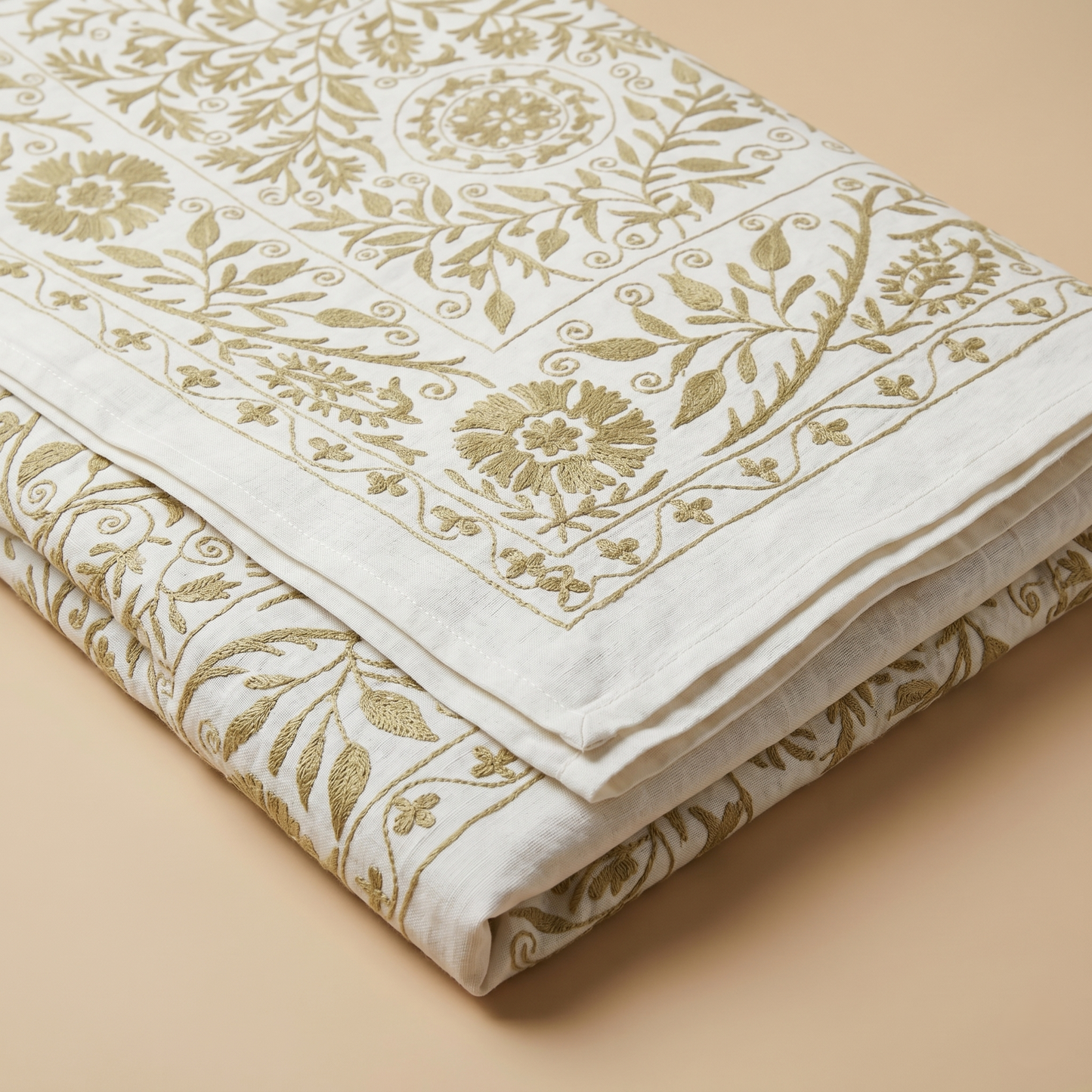Ivory Floral Hand Embroidered Luxury Bedcover