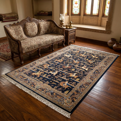 Navy Shikargah Handcrafted Hunting Scene Rug