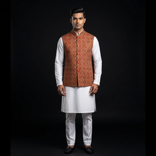 Heritage Ajrakh Print Silk Nehru Jacket
