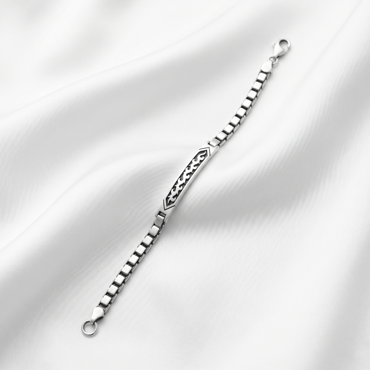 Tribal Flame Engraved Silver Box Bracelet