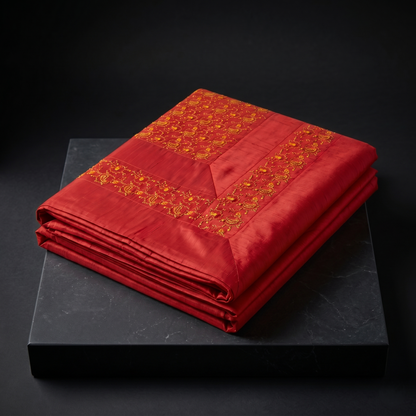 Deep Orange Silk Gold Embroidered Bedcover