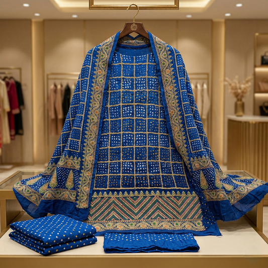 Royal Azure Bandhani Gazi Silk Suit