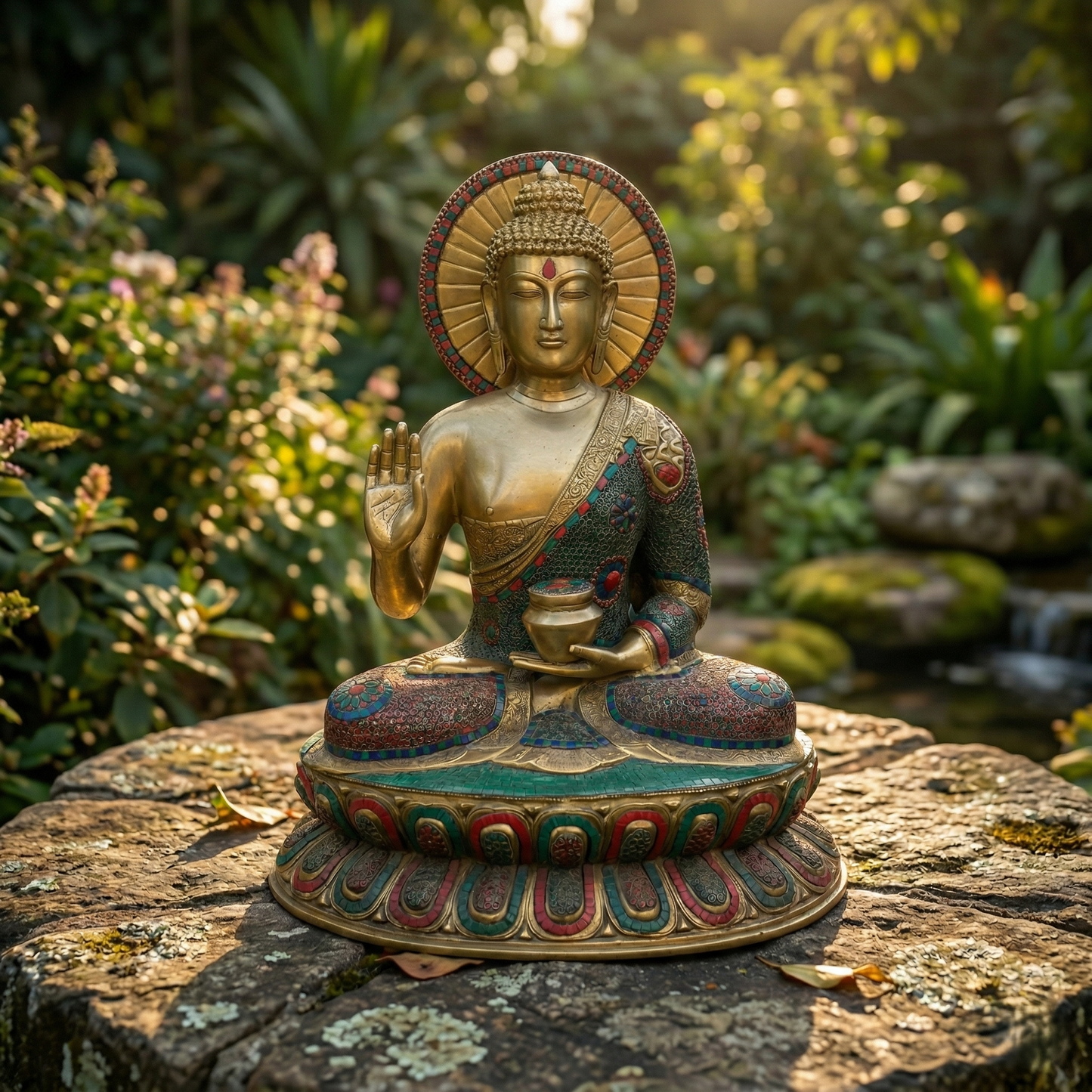 Heritage Brass Buddha with Stonework Inlay