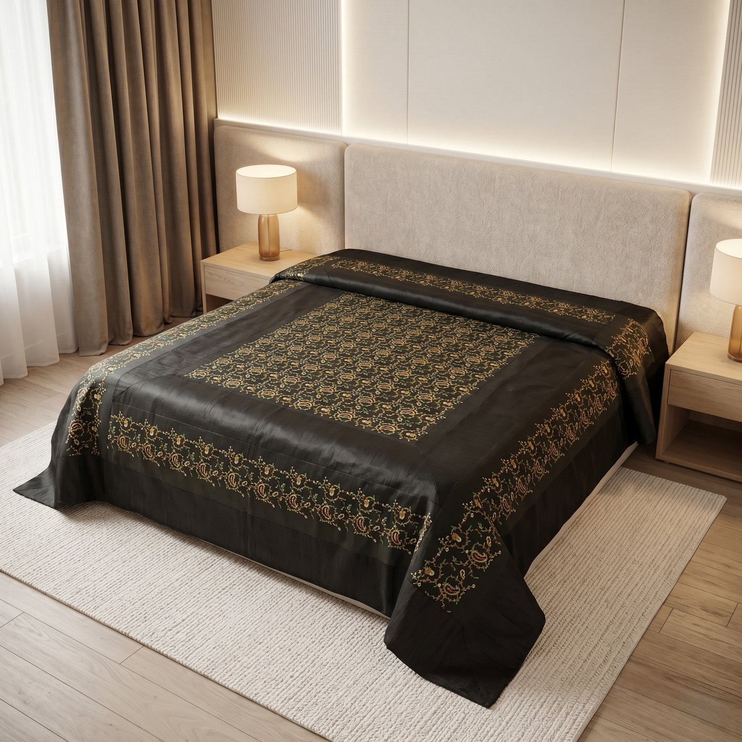Matte Black Silk Embroidered Luxury Bedcover