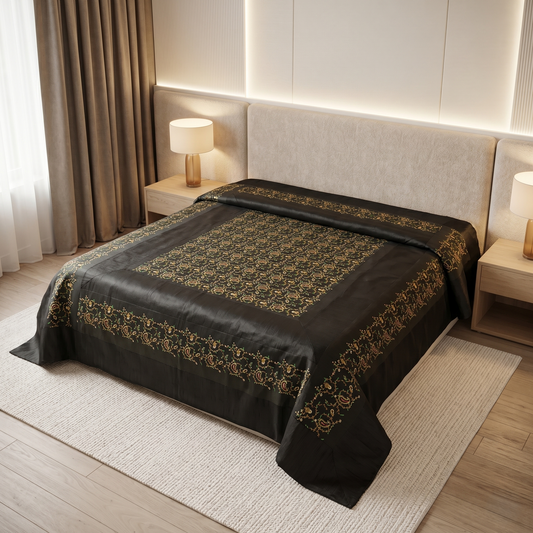 Matte Black Silk Embroidered Luxury Bedcover