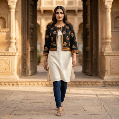 Heritage Gold Elephant Embroidered Ethnic Jacket