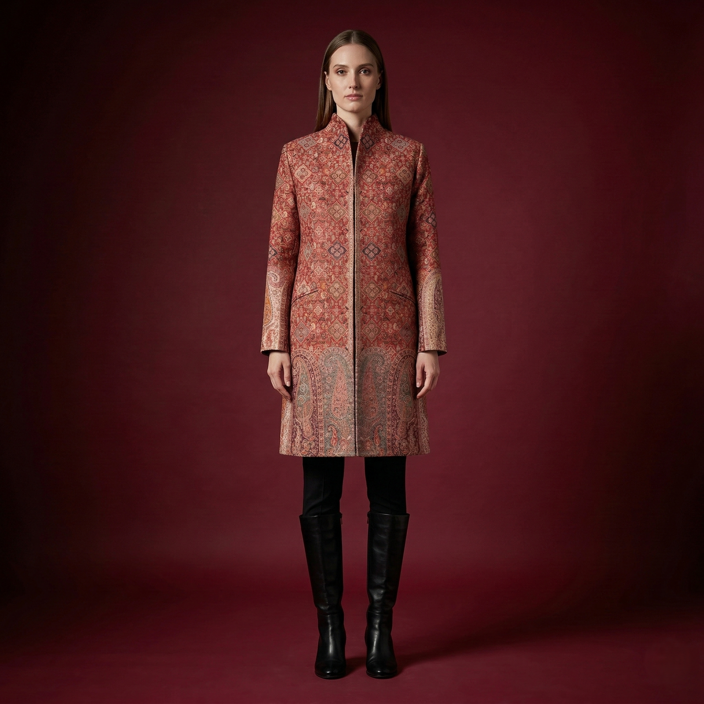 Ornate Crimson Tapestry Stand Collar Long Coat