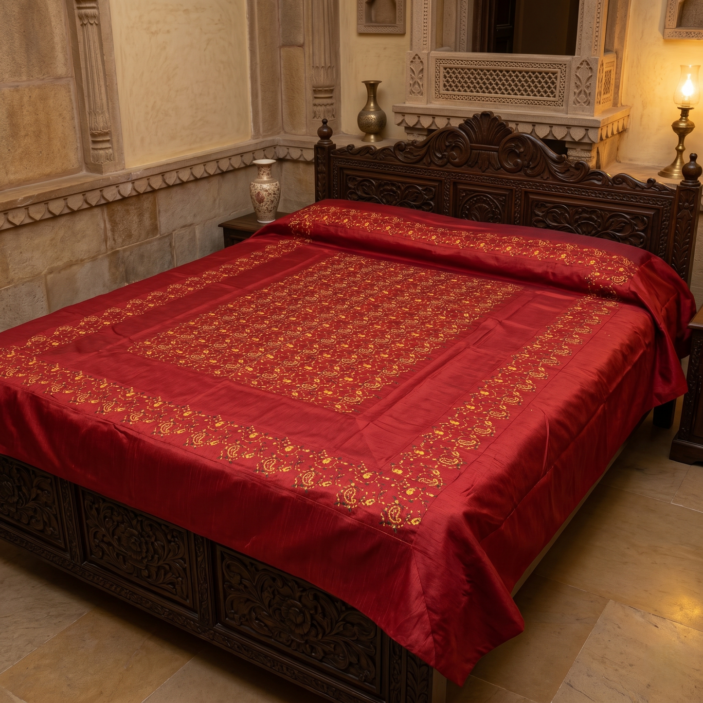 Royal Maroon Silk Embroidered Bedcover Set