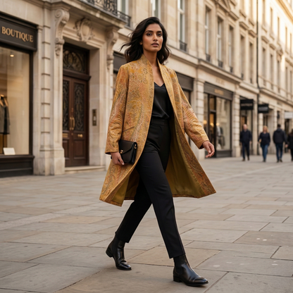 Intricate Paisley Stand Collar Long Coat